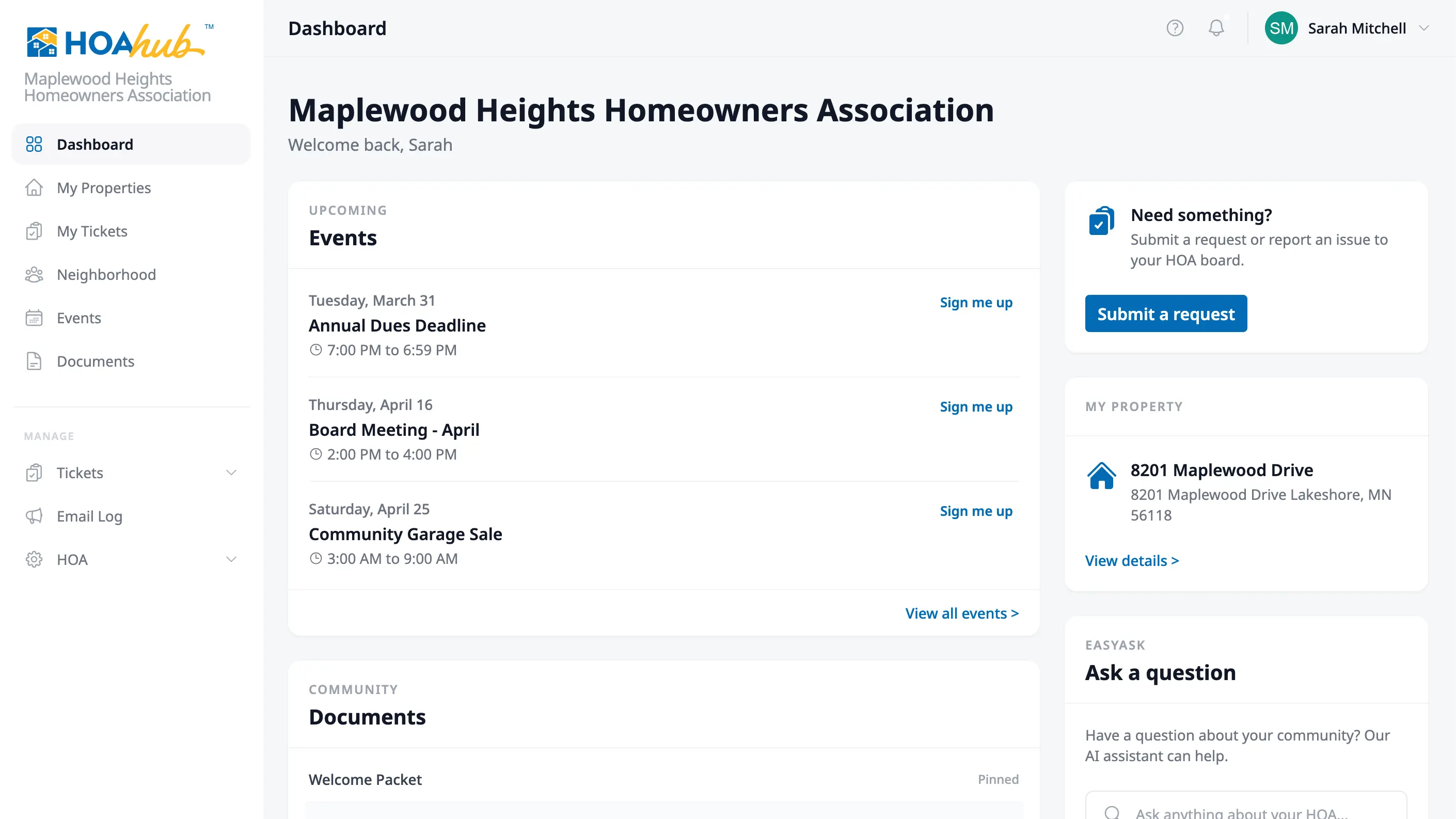 HOA Hub community dashboard