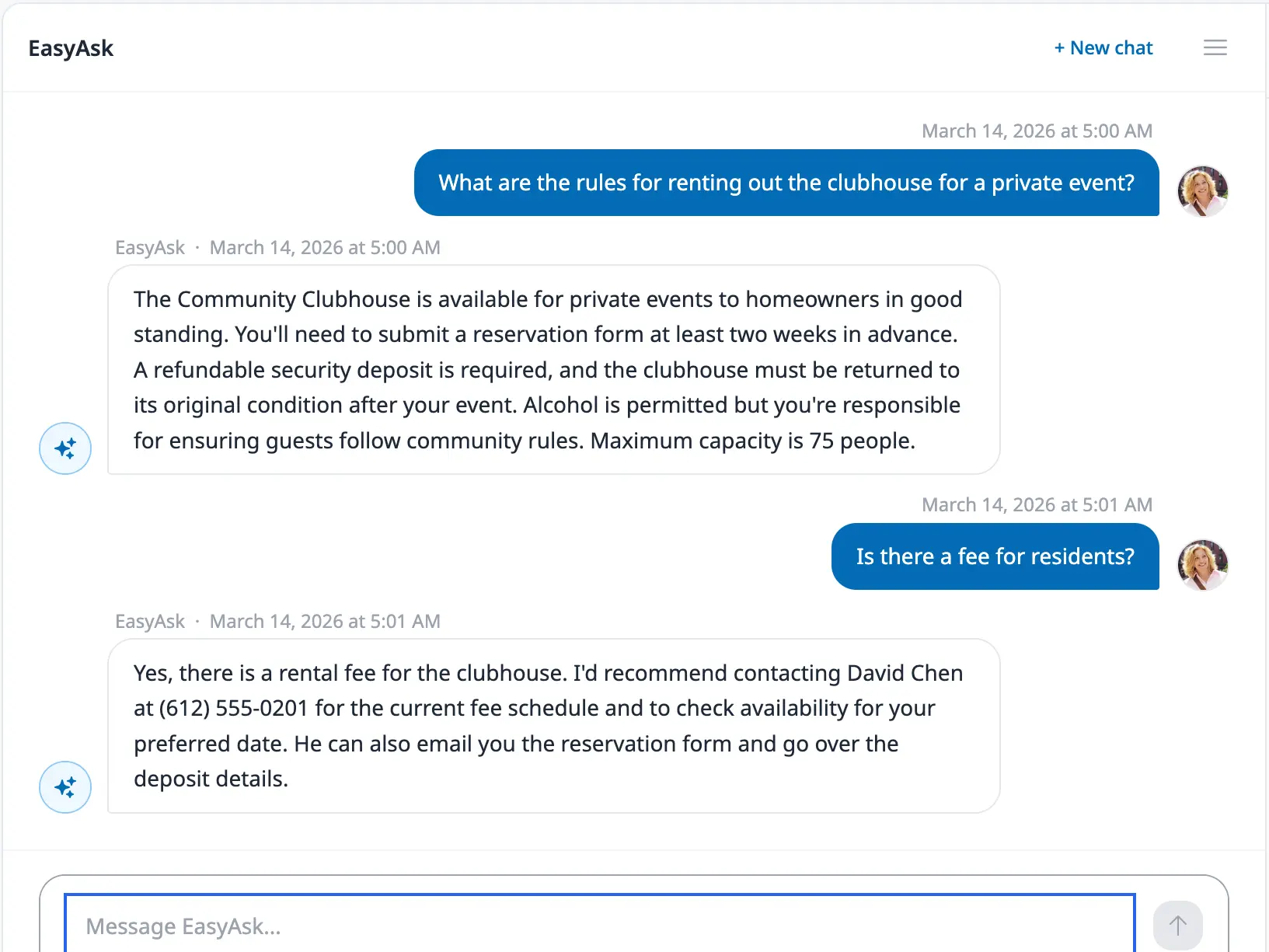 HOA Hub EasyAsk AI chat