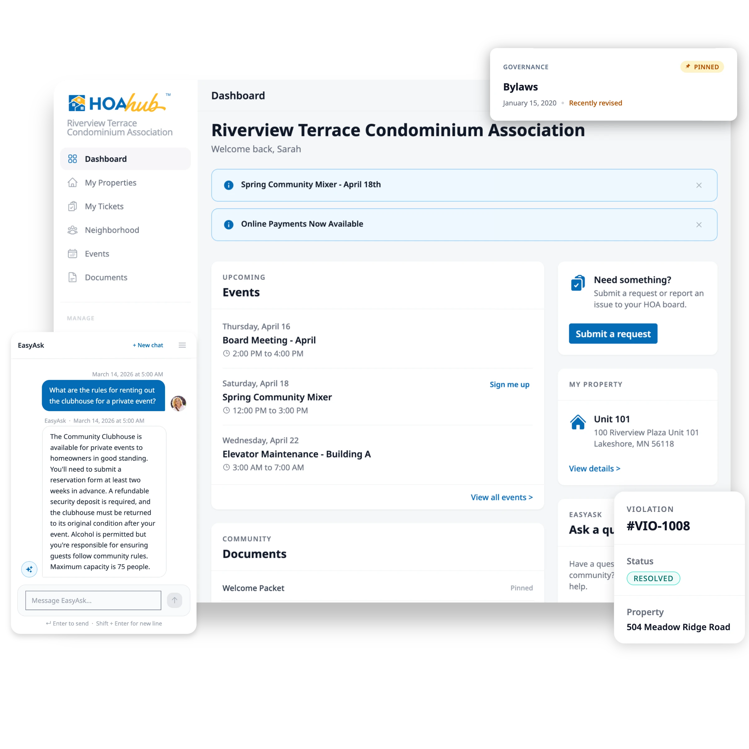 HOA Hub management software dashboard showing community overview, resident directory, and board operations