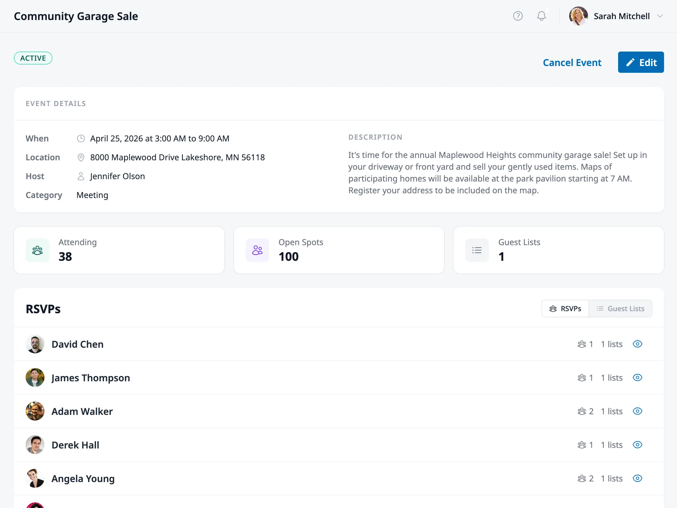 HOA Hub event management dashboard
