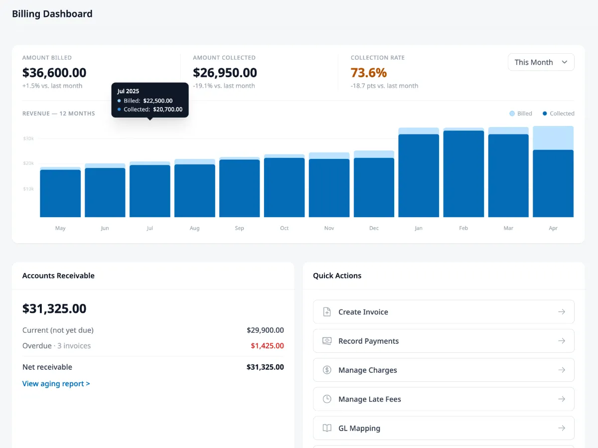 HOA Hub billing dashboard showing invoice list with payment status, autopay enrollment, and online payment options