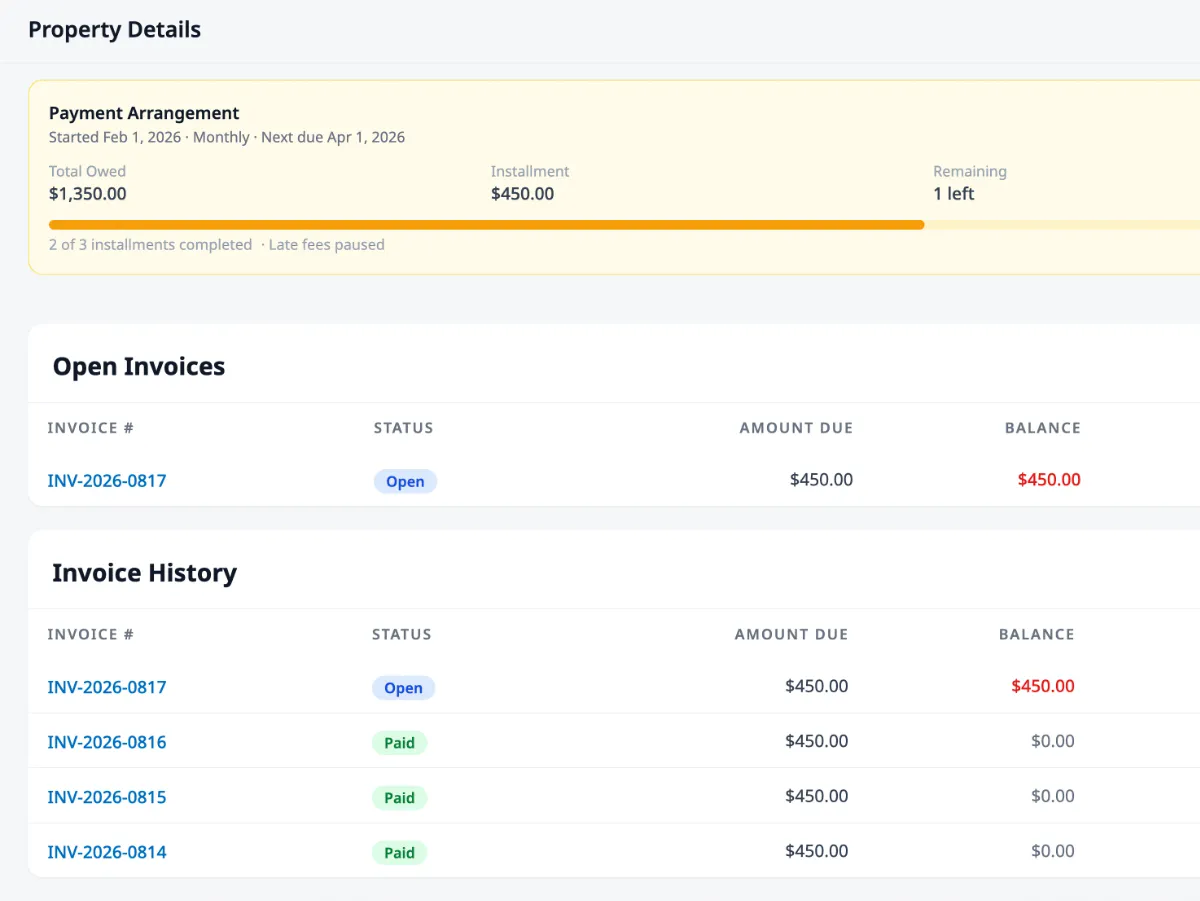 HOA payment arrangement plan for overdue dues showing installment progress, late fees paused status, and invoice history