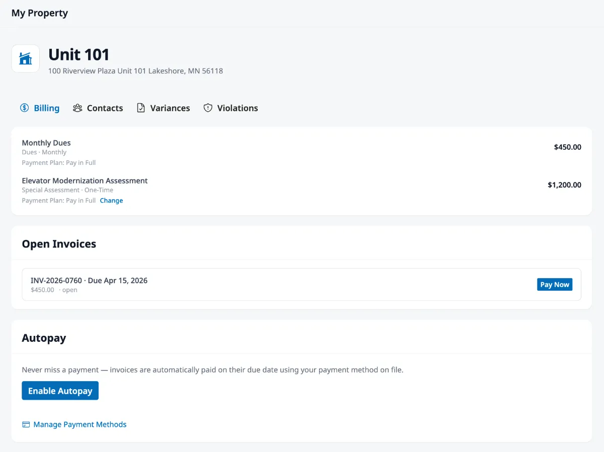 HOA online payment portal showing resident property billing with open invoices, Pay Now button, and autopay enrollment for HOA dues