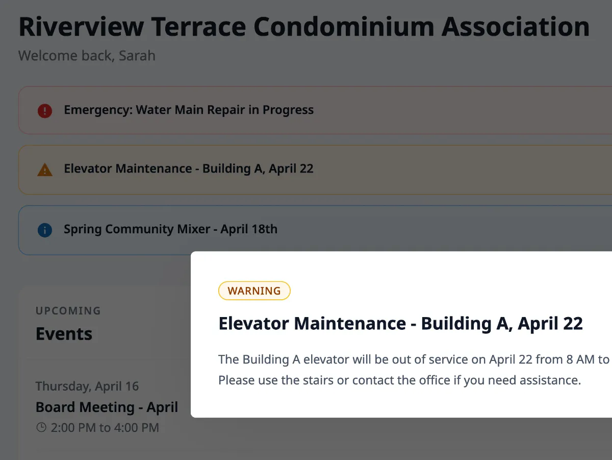 HOA resident dashboard with community announcements at emergency, warning, and info priority levels and upcoming community events