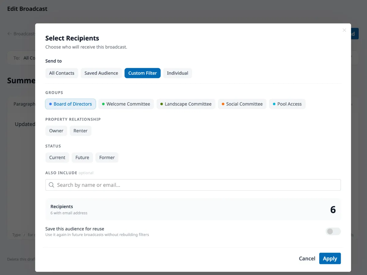 HOA email broadcast audience builder with filters for committees, property relationship, and resident status to target specific recipients