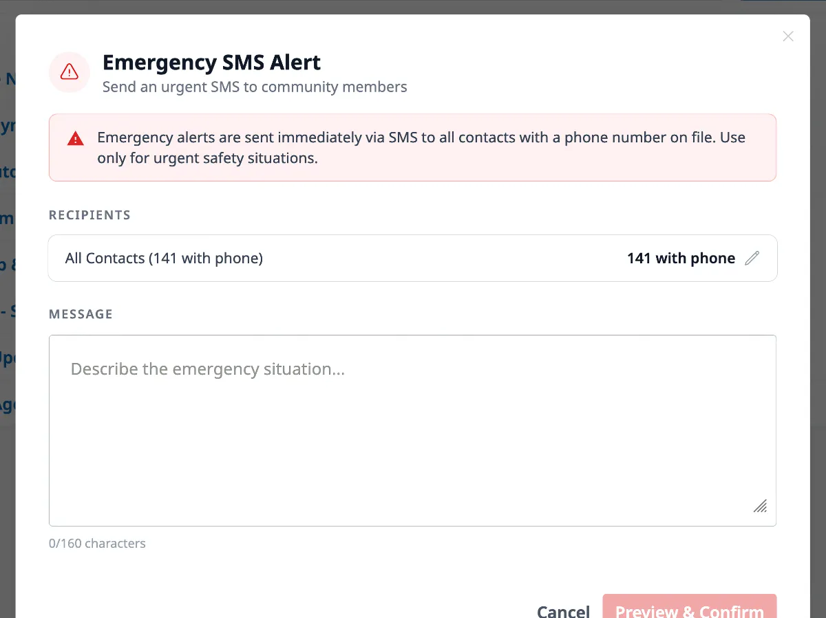 HOA emergency SMS text alert composer showing recipient count, message field, and Preview and Confirm safety step