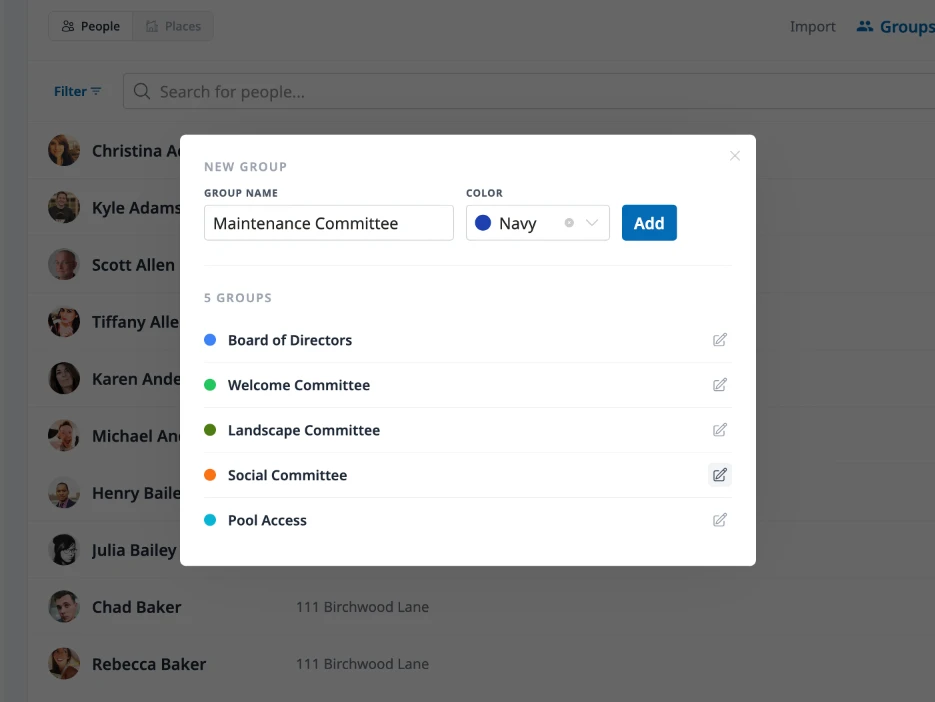 HOA Hub contact list with group filtering and tag organization