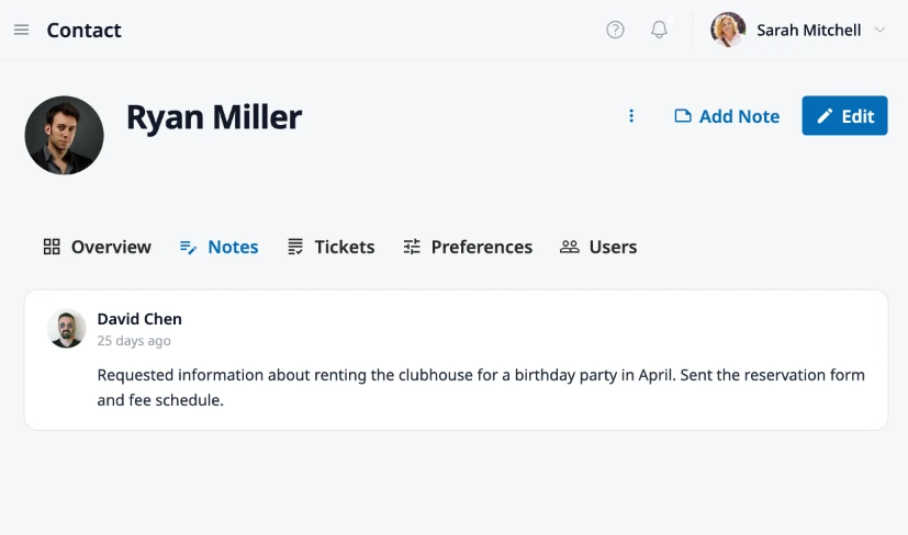 HOA Hub contact activity timeline showing tickets, board notes, and audit log entries