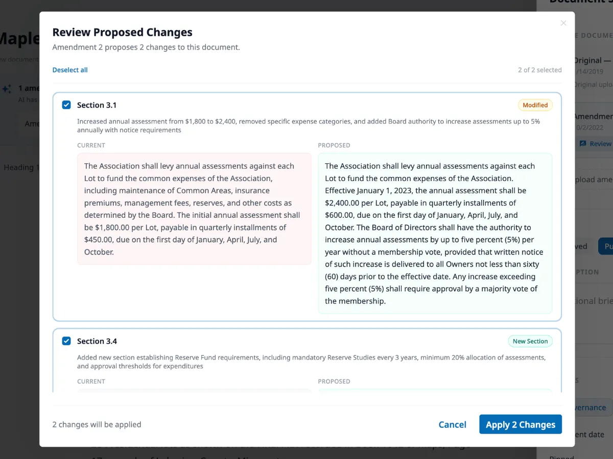 HOA Hub amendment tracking with side-by-side comparison of current HOA bylaws and proposed amendment changes