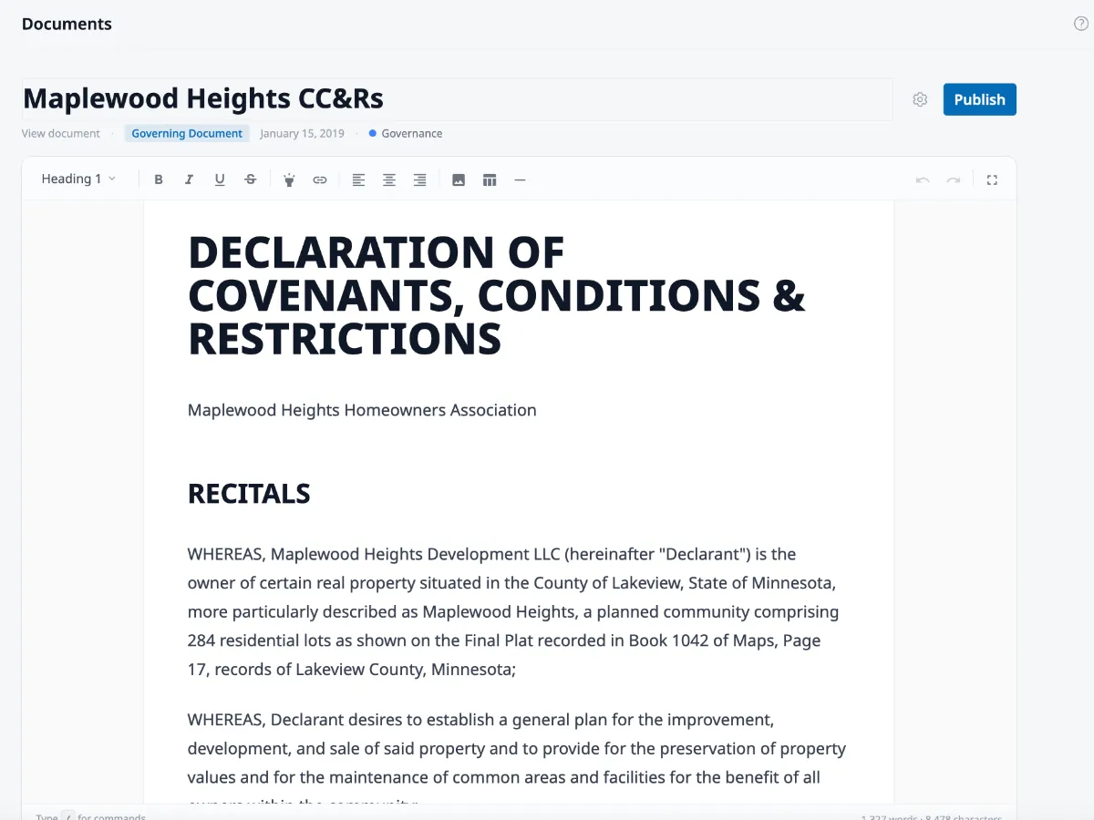 HOA Hub AI text conversion turning a scanned HOA governing document PDF into a clean, editable CC&R document