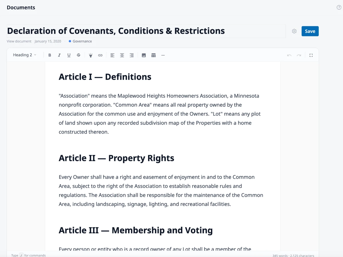 HOA Hub built-in document editor with slash commands, formatted headings, tables, and fullscreen editing for HOA governing documents