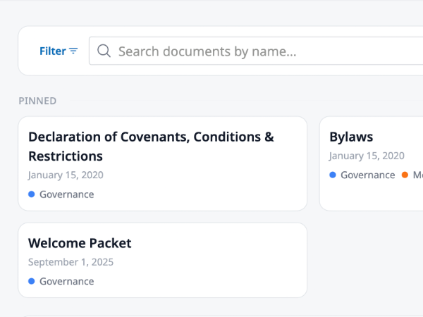 HOA Hub governing document library with color-coded collections, status filters, and organized CC&Rs and bylaws