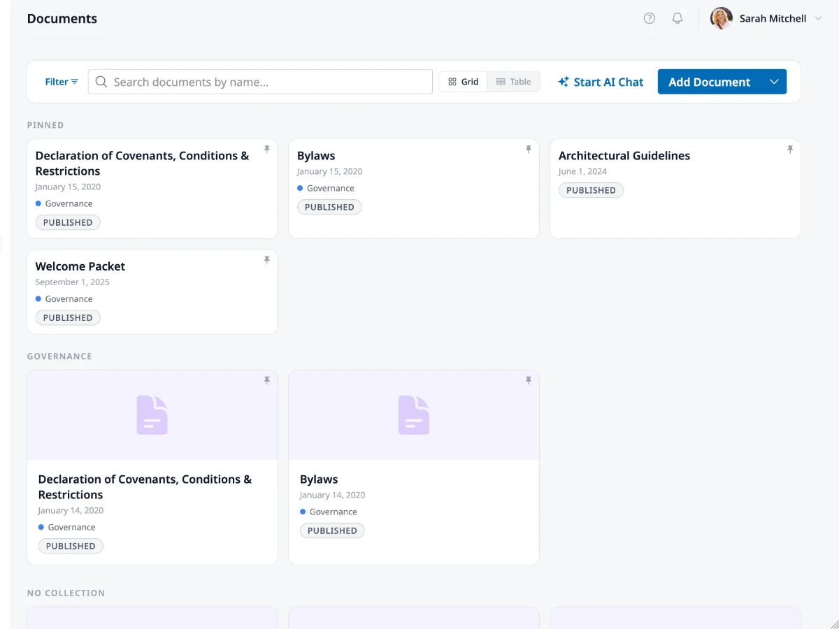 EasyAsk AI chat interface showing a plain-language question and an answer citing CC&R sections