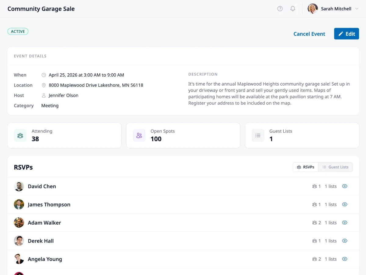 HOA Hub event organizer dashboard with attendance tracking and guest list