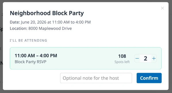 Resident view of community event with RSVP modal showing time slot selection and guest count