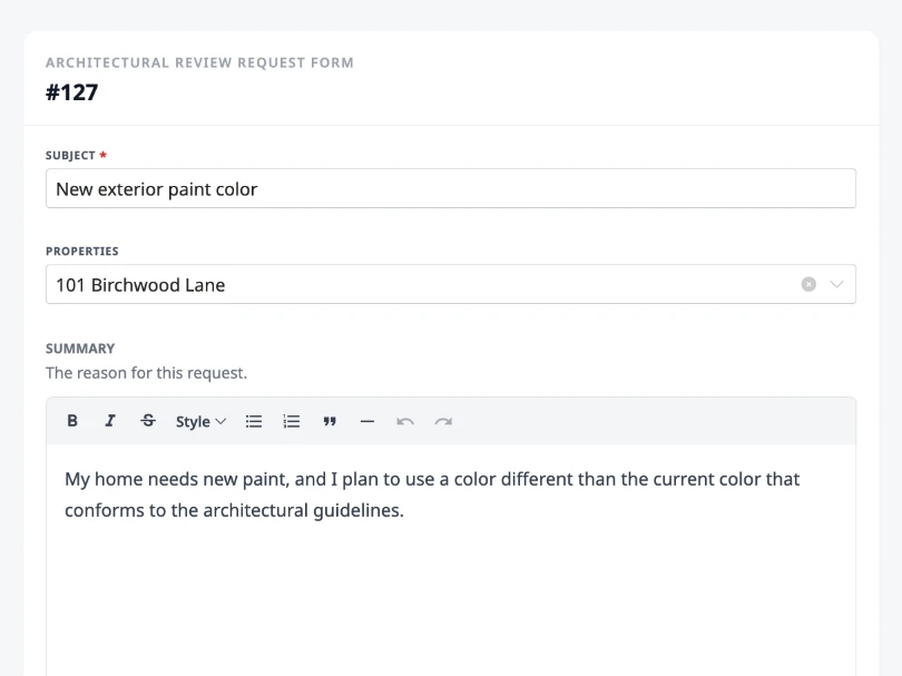 HOA Hub ticket submission form with custom fields for an architectural review request