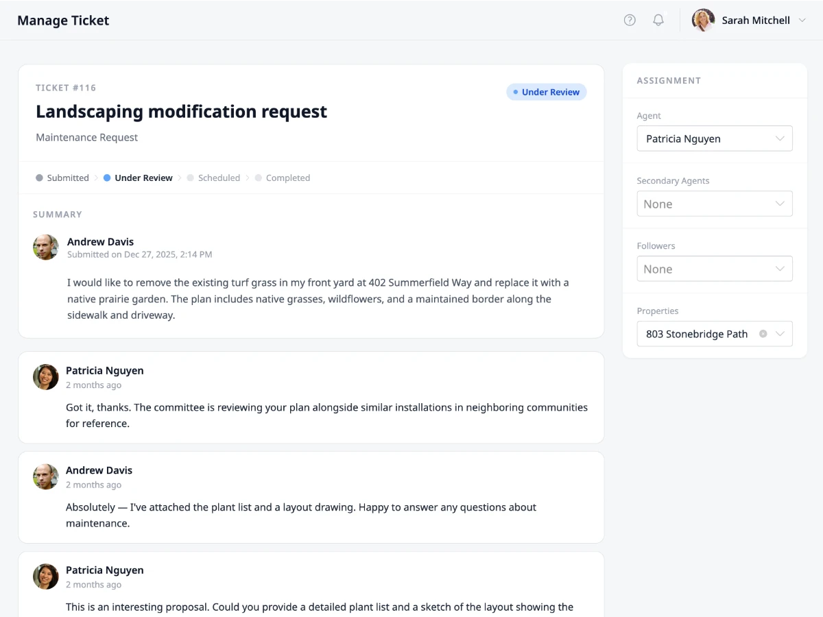 HOA Hub ticket detail page with progress steps, status tracking, and submission content