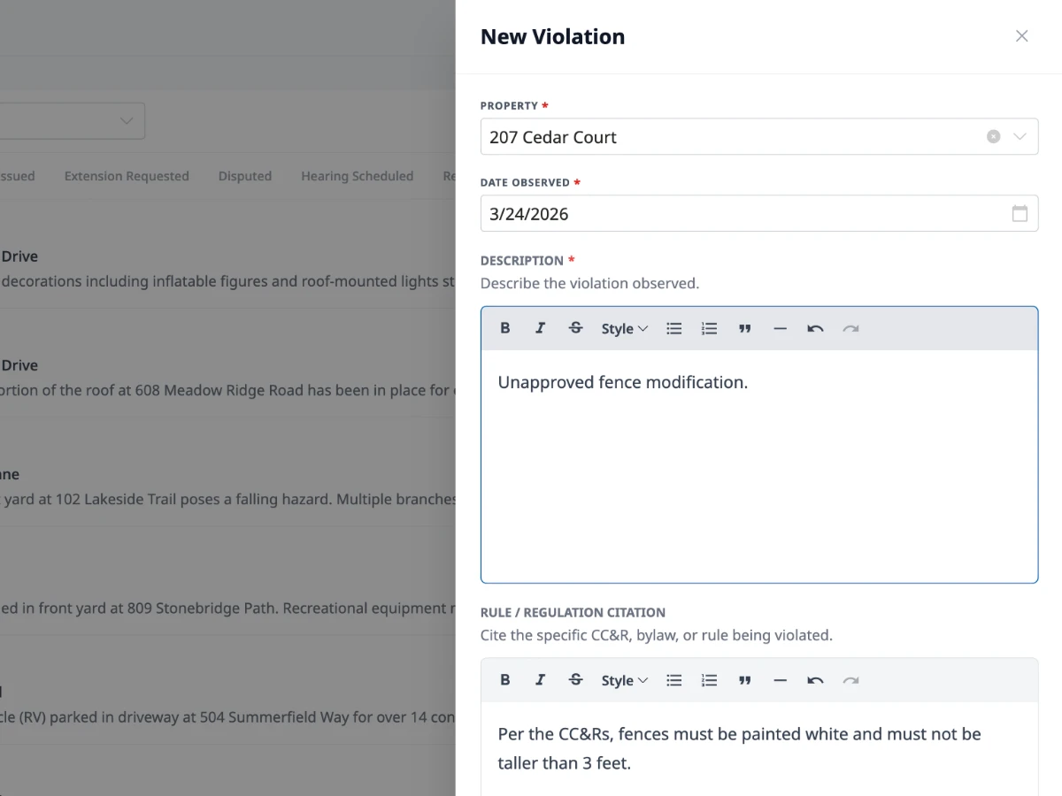 HOA Hub violation creation form with rule citation and evidence upload