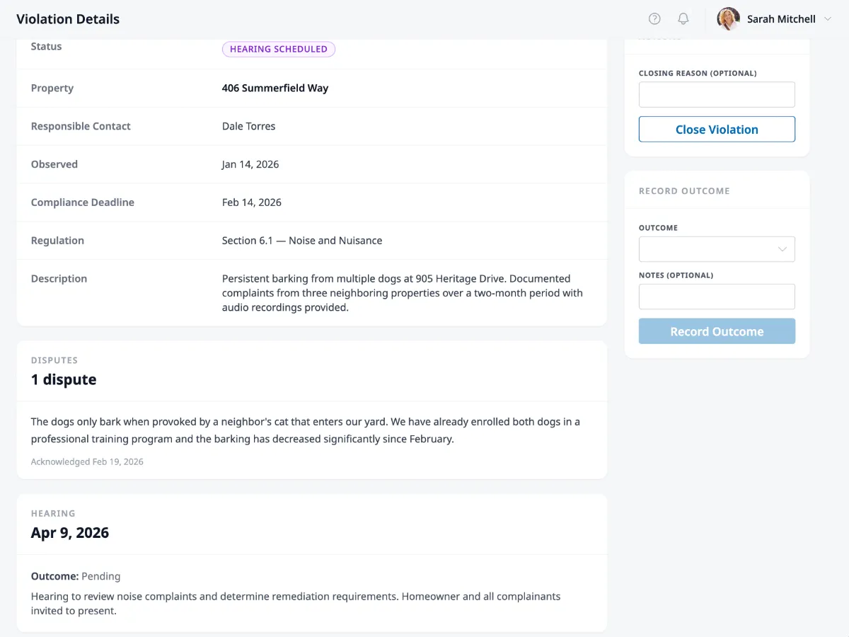 HOA Hub violation hearing management with dispute details and outcome recording