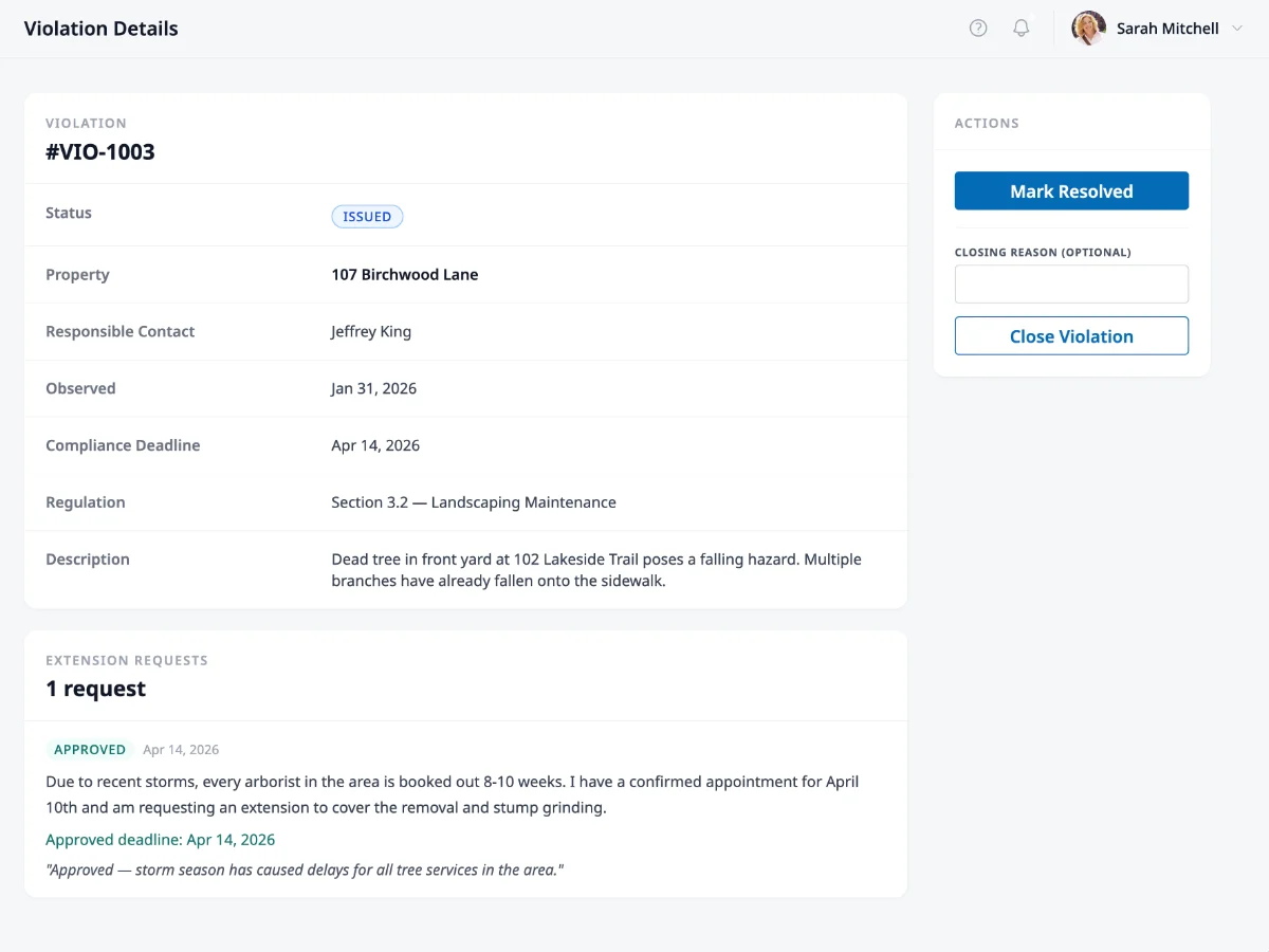 HOA Hub violation detail page with rule citation and evidence