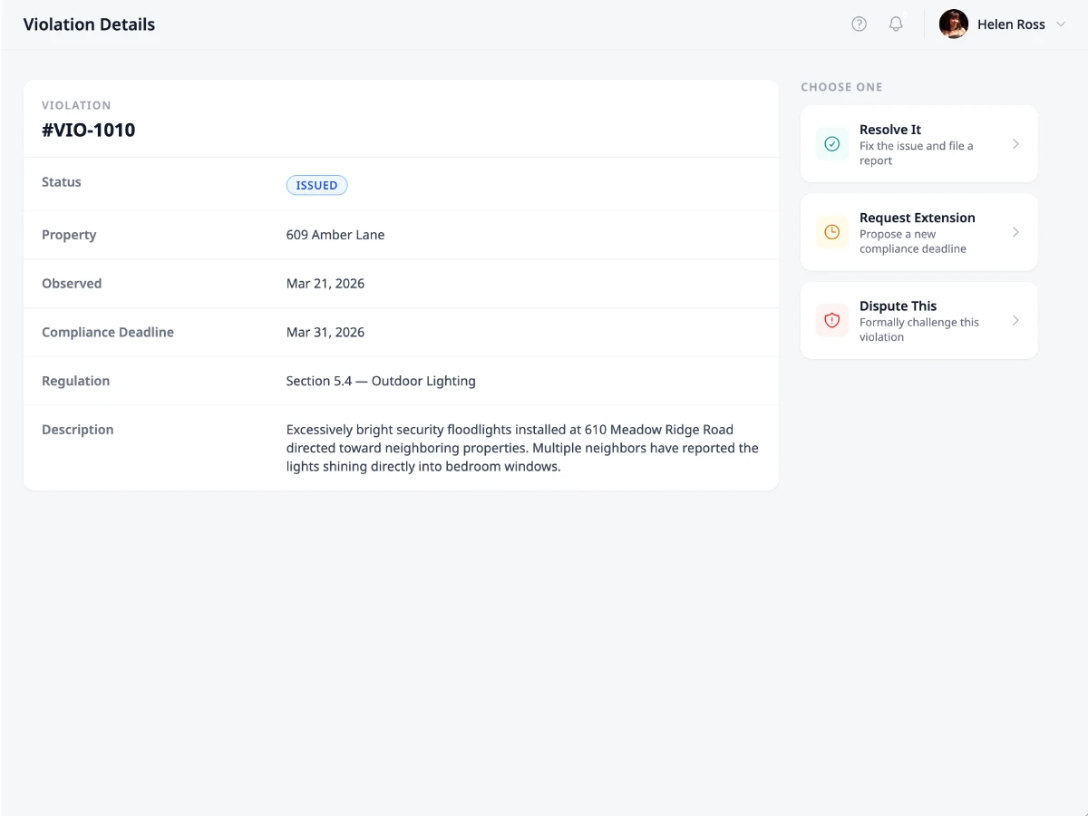 Resident view showing three response options: resolve, request extension, or dispute