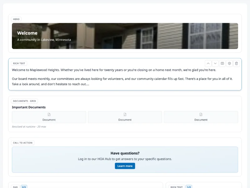 HOA website page editor inside HOA Hub showing a Hero, Rich Text, and a Documents Grid data block labeled 'Resolved at runtime — 20 max' that pulls the community's published documents on every page load