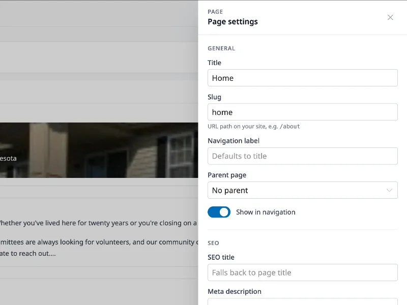 HOA website builder Page settings sidebar with title, slug, navigation label, parent page, Show in navigation toggle, SEO title, and meta description fields