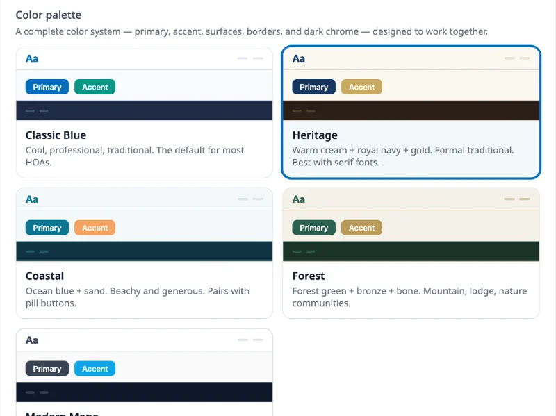 HOA website builder color palette picker showing pre-designed palettes each with a primary and accent color and a description of the community type it suits
