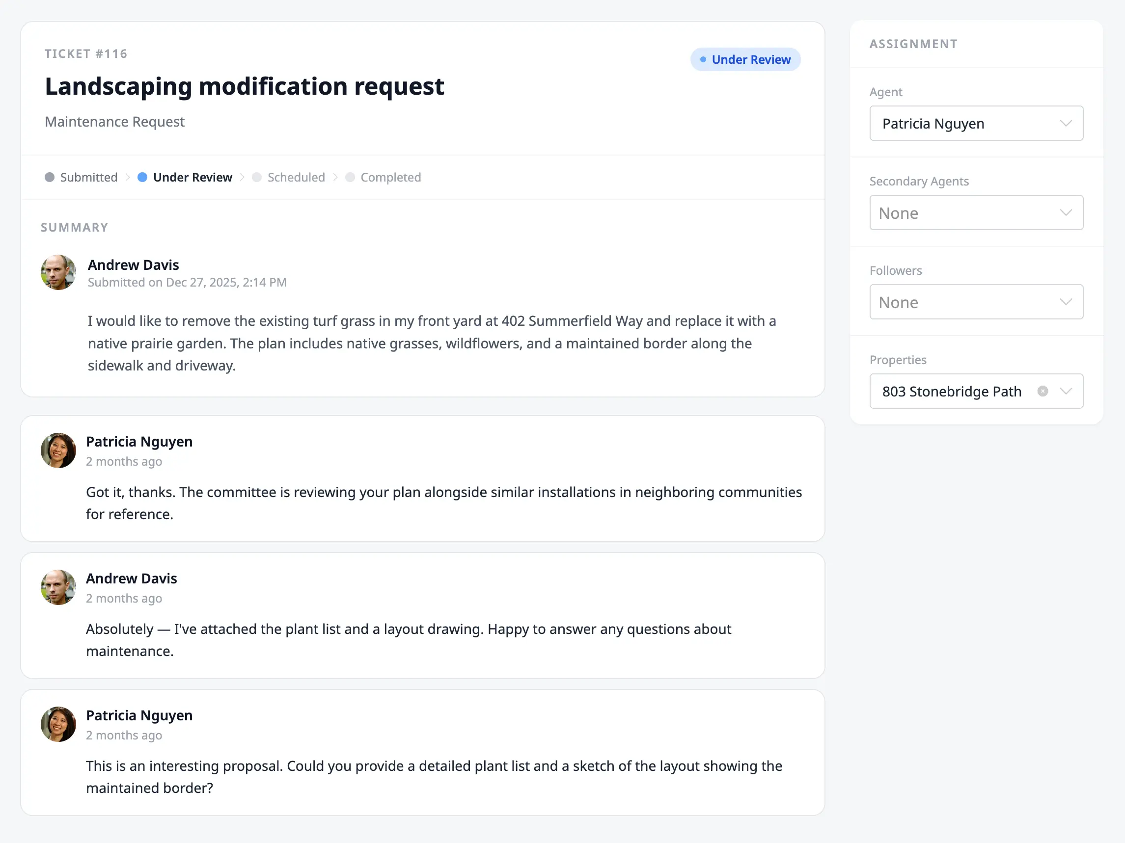 HOA Hub ticket detail with progress steps